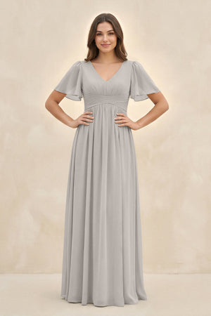 Short Sleeve Chiffon V - Neck A - Line Bridesmaid Dress in Silver - KissProm Bridesmaid Dresses