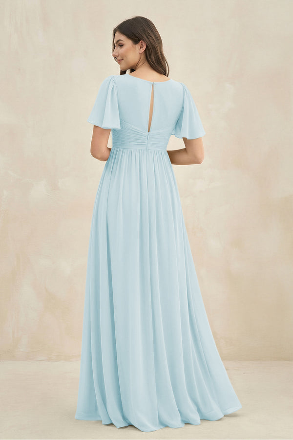 Short Sleeve Chiffon V - Neck A - Line Bridesmaid Dress in Sky Blue - KissProm Bridesmaid Dresses