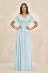 Short Sleeve Chiffon V - Neck A - Line Bridesmaid Dress in Sky Blue - KissProm Bridesmaid Dresses