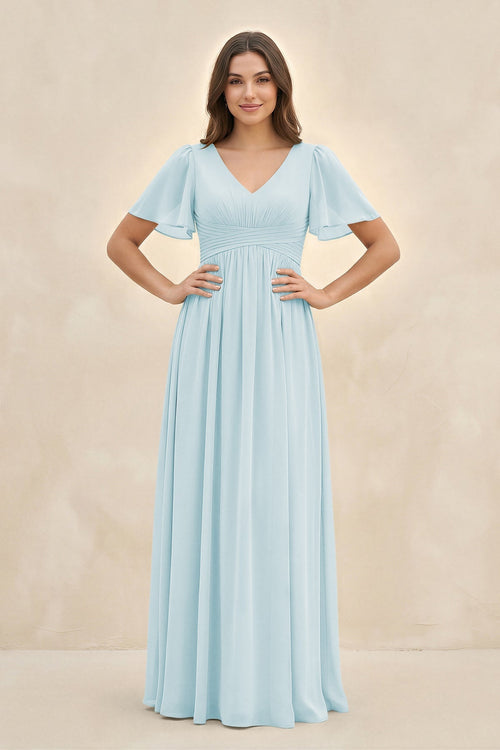 Short Sleeve Chiffon V - Neck A - Line Bridesmaid Dress in Sky Blue - KissProm Bridesmaid Dresses