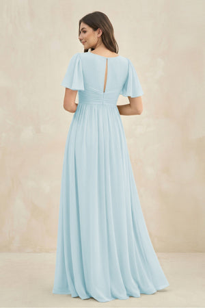 Short Sleeve Chiffon V - Neck A - Line Bridesmaid Dress in Sky Blue - KissProm Bridesmaid Dresses