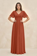 Short Sleeve Chiffon V - Neck A - Line Bridesmaid Dress in Spice - KissProm Bridesmaid Dresses