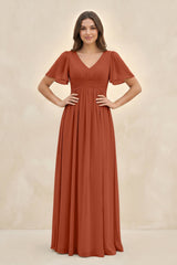 Short Sleeve Chiffon V - Neck A - Line Bridesmaid Dress in Spice - KissProm Bridesmaid Dresses