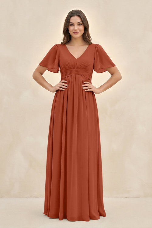 Short Sleeve Chiffon V - Neck A - Line Bridesmaid Dress in Spice - KissProm Bridesmaid Dresses