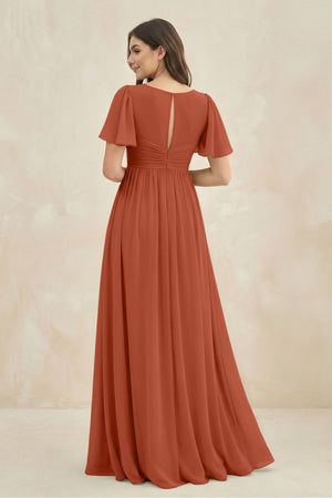 Short Sleeve Chiffon V - Neck A - Line Bridesmaid Dress in Spice - KissProm Bridesmaid Dresses