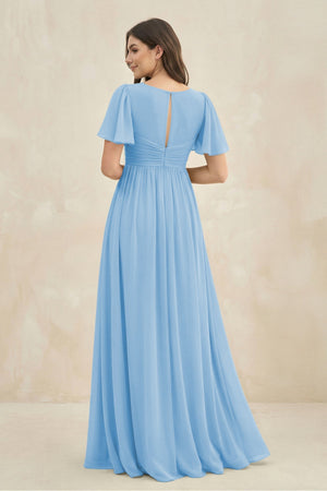 Short Sleeve Chiffon V - Neck A - Line Bridesmaid Dress in Steel Blue - KissProm Bridesmaid Dresses