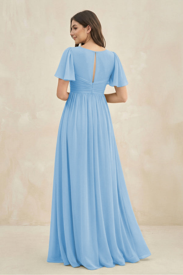 Short Sleeve Chiffon V - Neck A - Line Bridesmaid Dress in Steel Blue - KissProm Bridesmaid Dresses