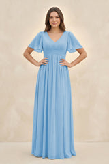Short Sleeve Chiffon V - Neck A - Line Bridesmaid Dress in Steel Blue - KissProm Bridesmaid Dresses