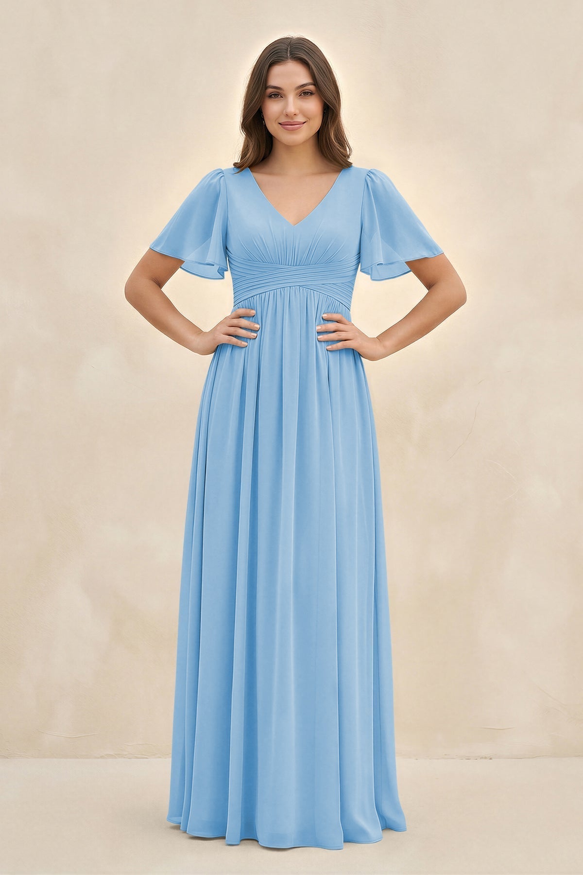 KissProm Short Sleeve Chiffon V-Neck A-Line Bridesmaid Dress in Steel Blue, Steel Blue / Custom Size( Free )