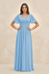 Short Sleeve Chiffon V - Neck A - Line Bridesmaid Dress in Steel Blue - KissProm Bridesmaid Dresses