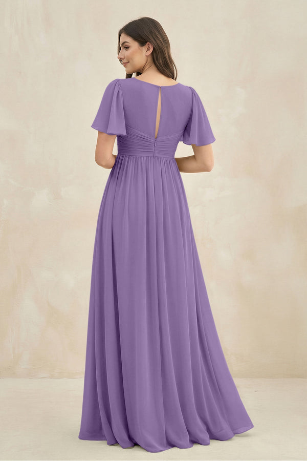 Short Sleeve Chiffon V - Neck A - Line Bridesmaid Dress in Tahiti - KissProm Bridesmaid Dresses
