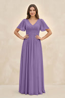 Short Sleeve Chiffon V - Neck A - Line Bridesmaid Dress in Tahiti - KissProm Bridesmaid Dresses