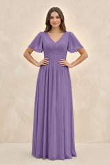 Short Sleeve Chiffon V - Neck A - Line Bridesmaid Dress in Tahiti - KissProm Bridesmaid Dresses
