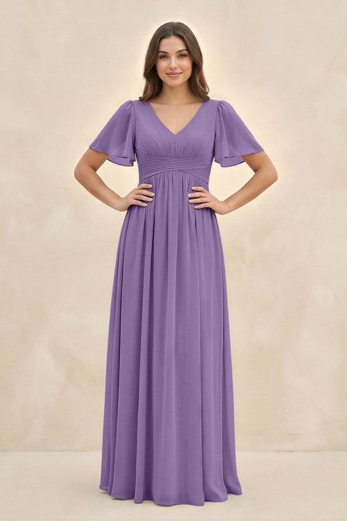 Short Sleeve Chiffon V - Neck A - Line Bridesmaid Dress in Tahiti - KissProm Bridesmaid Dresses