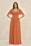 Short Sleeve Chiffon V - Neck A - Line Bridesmaid Dress in Terracotta - KissProm Bridesmaid Dresses