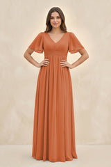 Short Sleeve Chiffon V - Neck A - Line Bridesmaid Dress in Terracotta - KissProm Bridesmaid Dresses
