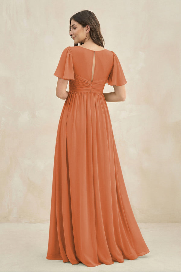 Short Sleeve Chiffon V - Neck A - Line Bridesmaid Dress in Terracotta - KissProm Bridesmaid Dresses