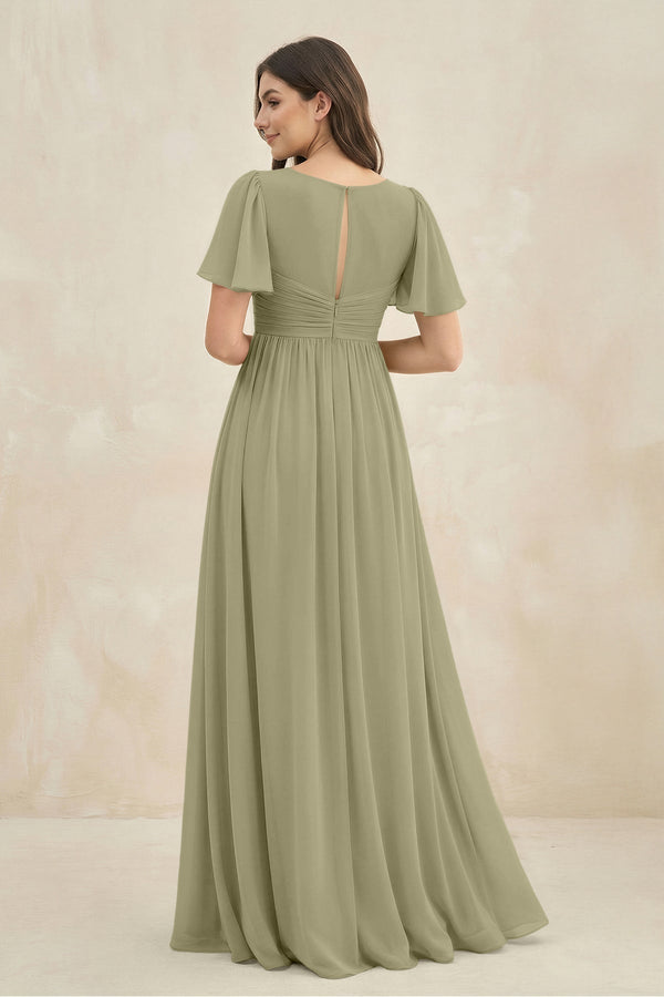Short Sleeve Chiffon V - Neck A - Line Bridesmaid Dress in Thyme - KissProm Bridesmaid Dresses