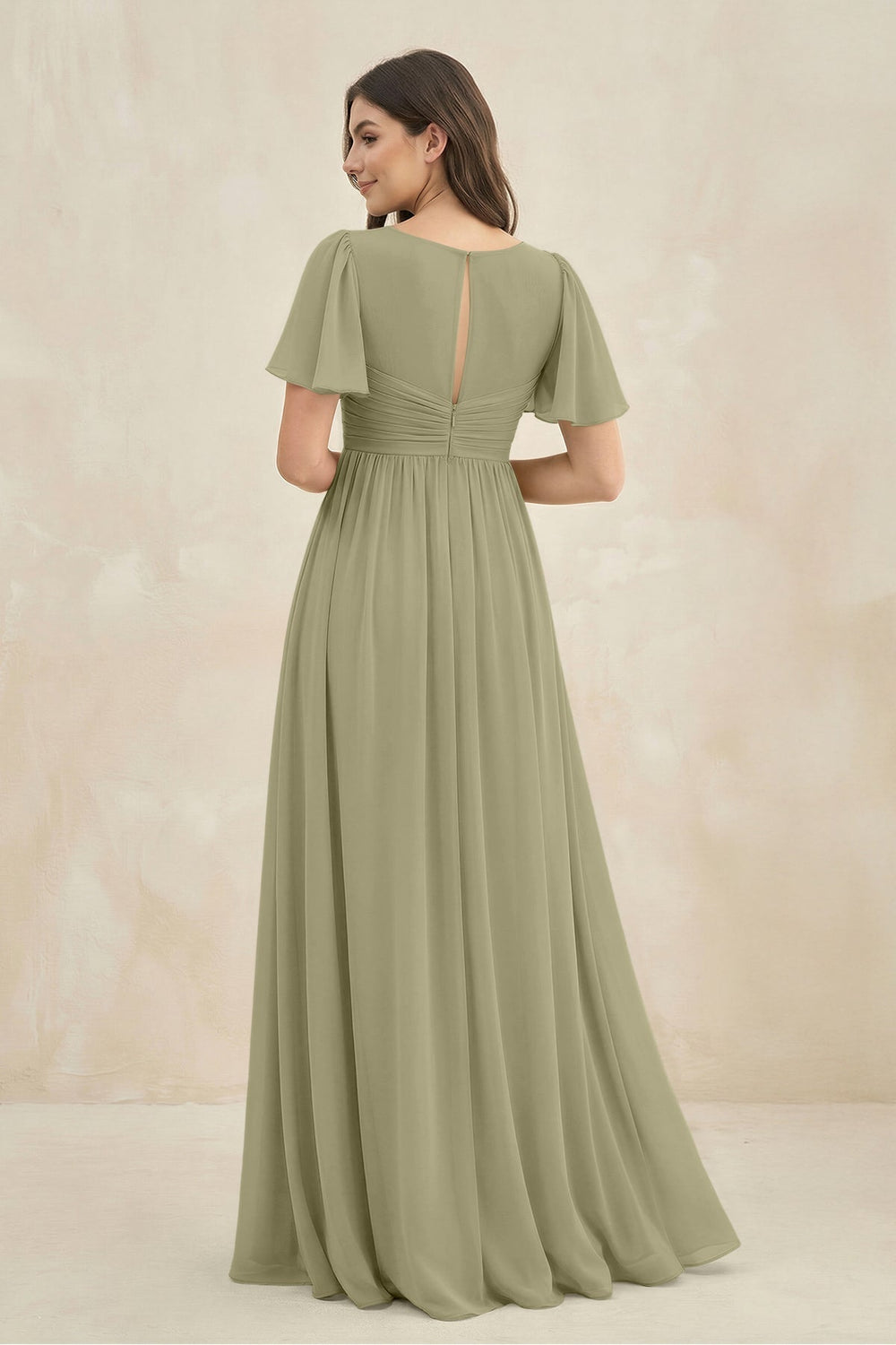 Short Sleeve Chiffon V - Neck A - Line Bridesmaid Dress in Thyme - KissProm Bridesmaid Dresses