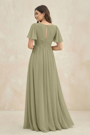 Short Sleeve Chiffon V - Neck A - Line Bridesmaid Dress in Thyme - KissProm Bridesmaid Dresses