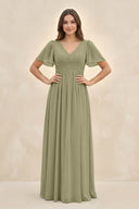 Short Sleeve Chiffon V - Neck A - Line Bridesmaid Dress in Thyme - KissProm Bridesmaid Dresses