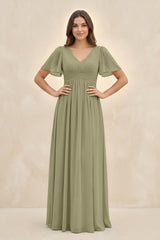 Short Sleeve Chiffon V - Neck A - Line Bridesmaid Dress in Thyme - KissProm Bridesmaid Dresses