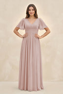 Short Sleeve Chiffon V - Neck A - Line Bridesmaid Dress in Toffee - KissProm Bridesmaid Dresses
