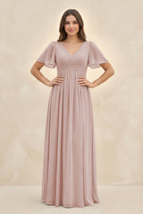 Short Sleeve Chiffon V - Neck A - Line Bridesmaid Dress in Toffee - KissProm Bridesmaid Dresses