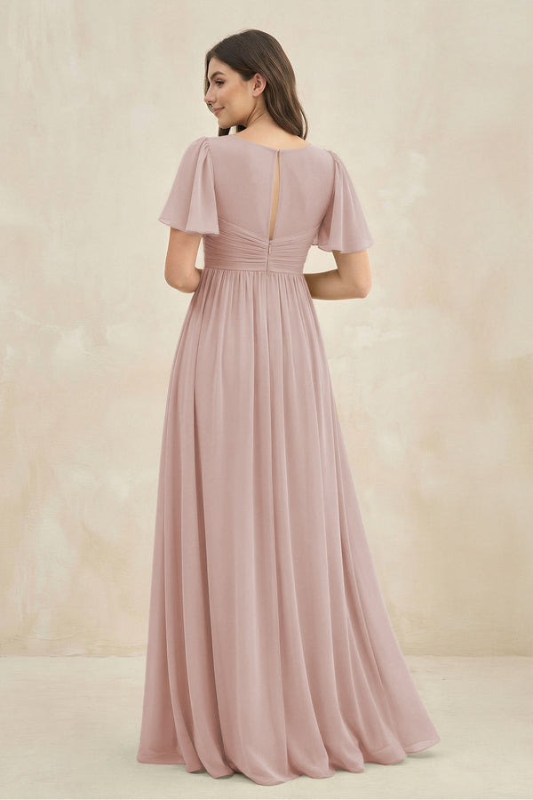 Short Sleeve Chiffon V - Neck A - Line Bridesmaid Dress in Toffee - KissProm Bridesmaid Dresses