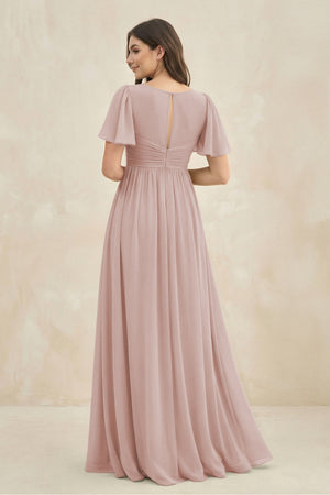 Short Sleeve Chiffon V - Neck A - Line Bridesmaid Dress in Toffee - KissProm Bridesmaid Dresses