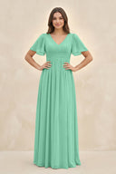 Short Sleeve Chiffon V - Neck A - Line Bridesmaid Dress in Turquoise - KissProm Bridesmaid Dresses