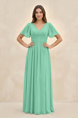 Short Sleeve Chiffon V - Neck A - Line Bridesmaid Dress in Turquoise - KissProm Bridesmaid Dresses