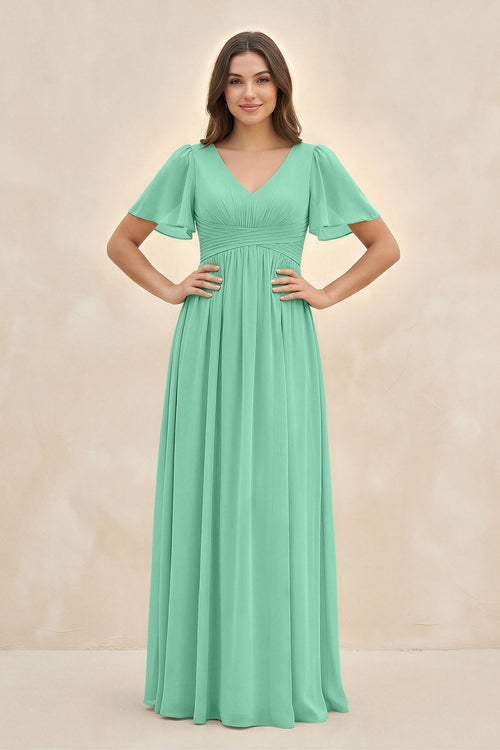 Short Sleeve Chiffon V - Neck A - Line Bridesmaid Dress in Turquoise - KissProm Bridesmaid Dresses