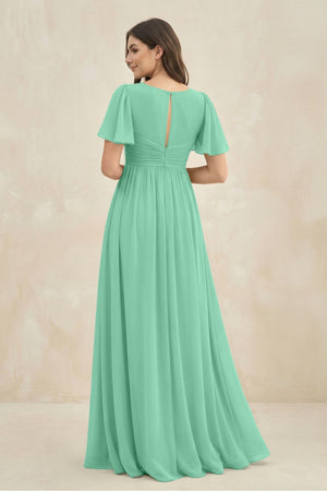 Short Sleeve Chiffon V - Neck A - Line Bridesmaid Dress in Turquoise - KissProm Bridesmaid Dresses