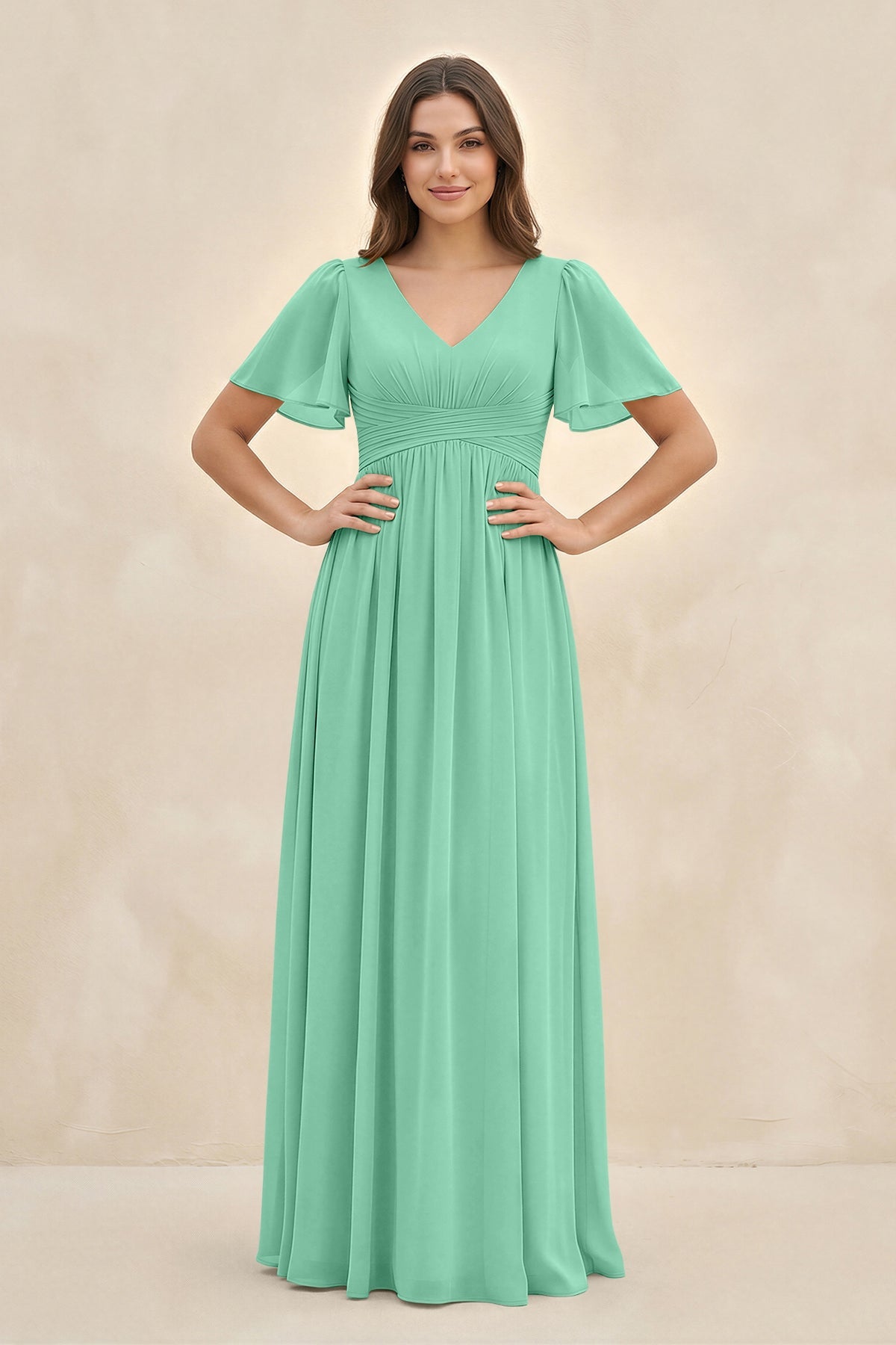 Short Sleeve Chiffon V-Neck A-Line Bridesmaid Dress in Turquoise