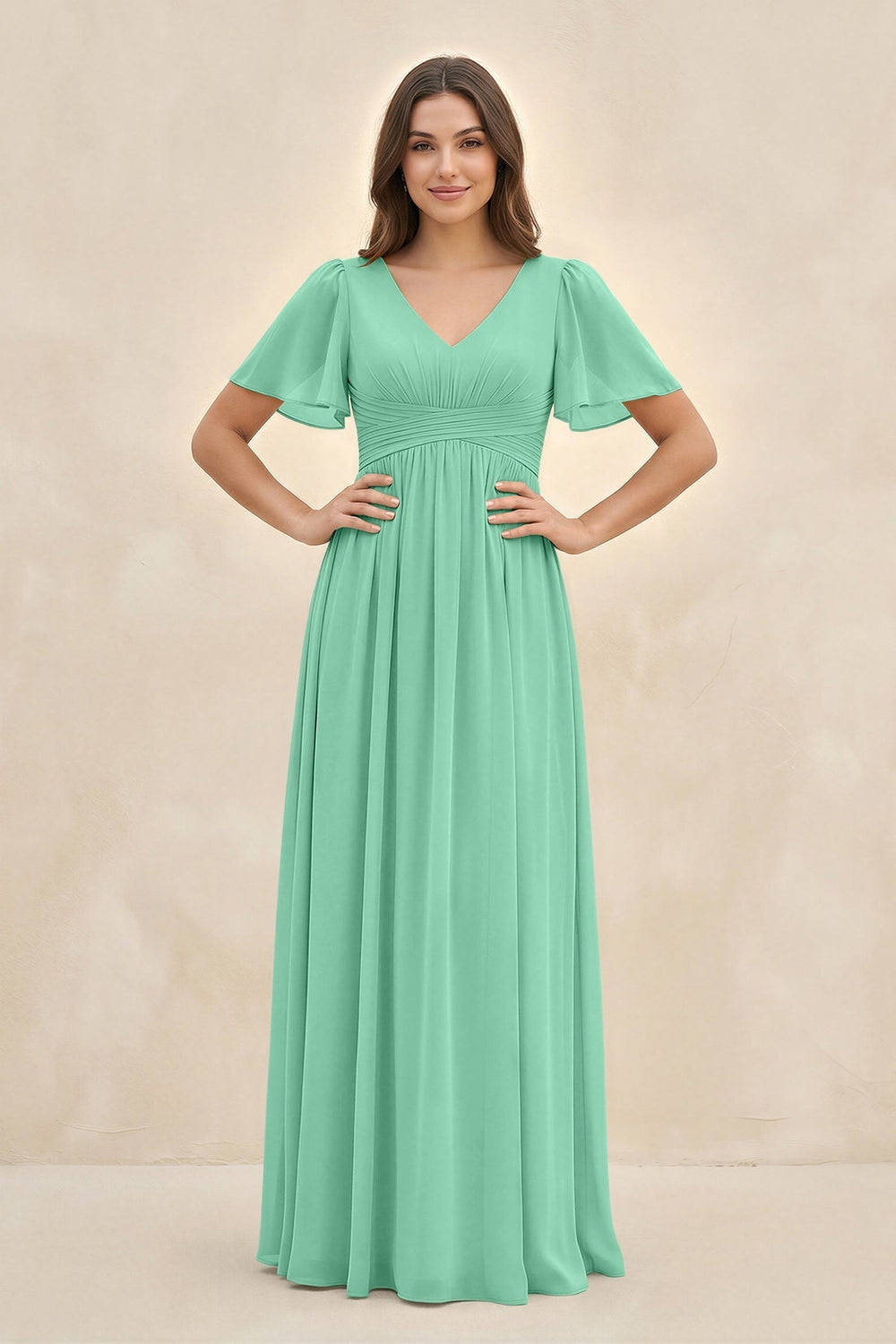 Short Sleeve Chiffon V - Neck A - Line Bridesmaid Dress in Turquoise - KissProm Bridesmaid Dresses