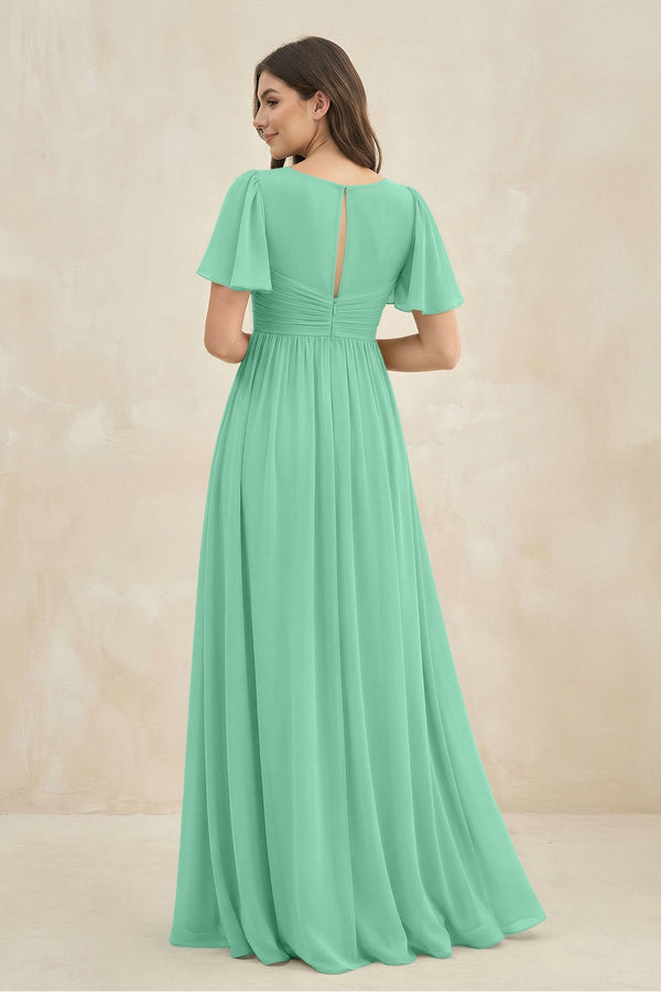 Short Sleeve Chiffon V - Neck A - Line Bridesmaid Dress in Turquoise - KissProm Bridesmaid Dresses