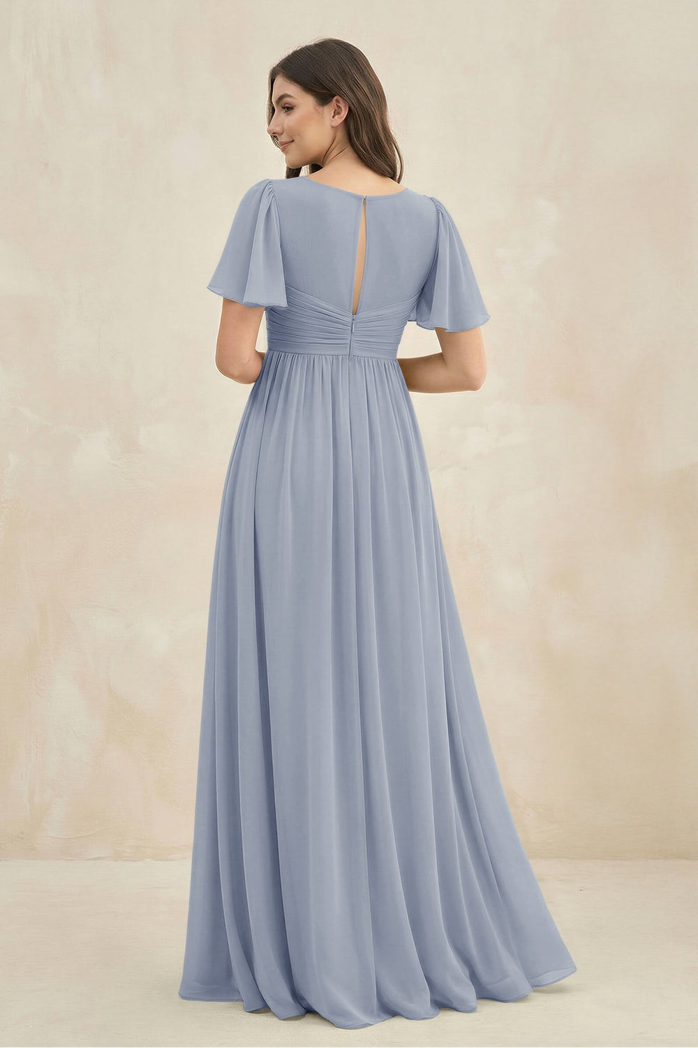 Short Sleeve Chiffon V - Neck A - Line Bridesmaid Dress in Twilight - KissProm Bridesmaid Dresses