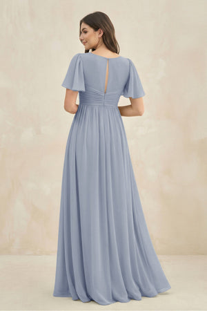 Short Sleeve Chiffon V - Neck A - Line Bridesmaid Dress in Twilight - KissProm Bridesmaid Dresses