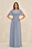 Short Sleeve Chiffon V - Neck A - Line Bridesmaid Dress in Twilight - KissProm Bridesmaid Dresses