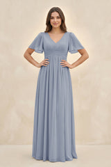 Short Sleeve Chiffon V - Neck A - Line Bridesmaid Dress in Twilight - KissProm Bridesmaid Dresses