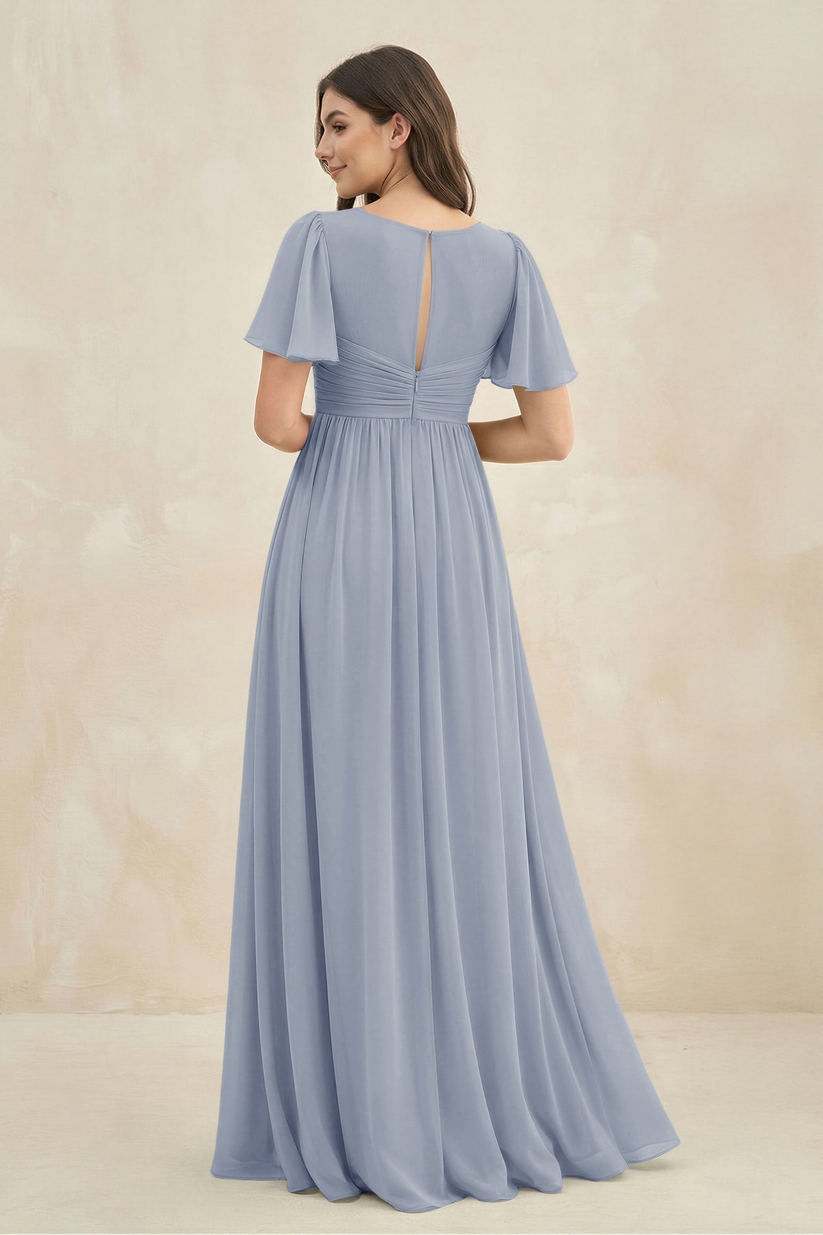 KissProm Short Sleeve Chiffon V-Neck A-Line Bridesmaid Dress in Twilight, Twilight / 26