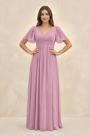Short Sleeve Chiffon V - Neck A - Line Bridesmaid Dress in Vintage Mauve - KissProm Bridesmaid Dresses
