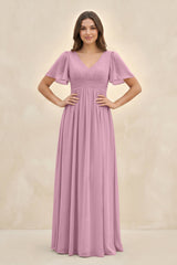 Short Sleeve Chiffon V - Neck A - Line Bridesmaid Dress in Vintage Mauve - KissProm Bridesmaid Dresses