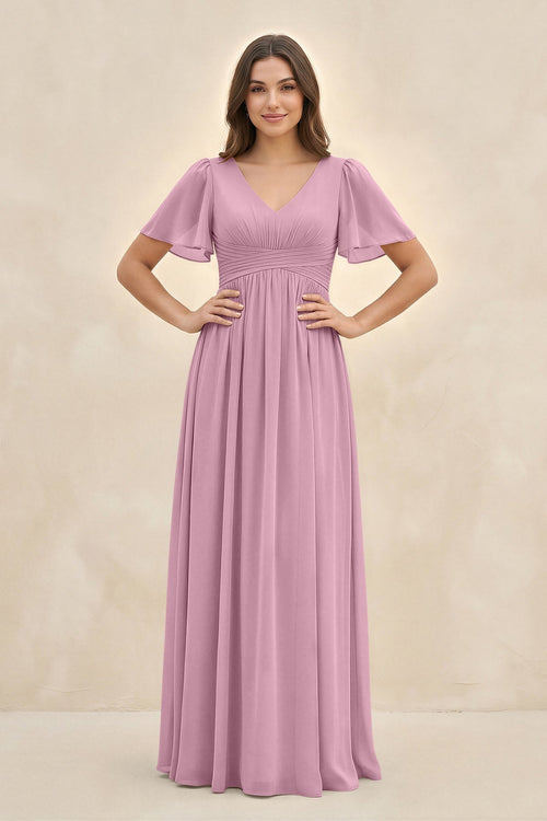 Short Sleeve Chiffon V - Neck A - Line Bridesmaid Dress in Vintage Mauve - KissProm Bridesmaid Dresses