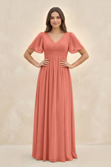 Short Sleeve Chiffon V - Neck A - Line Bridesmaid Dress in Wild Rose - KissProm Bridesmaid Dresses