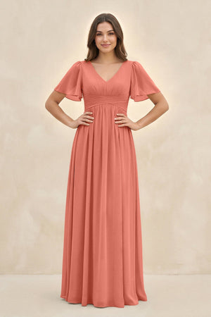 Short Sleeve Chiffon V - Neck A - Line Bridesmaid Dress in Wild Rose - KissProm Bridesmaid Dresses