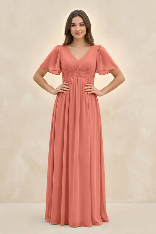 Short Sleeve Chiffon V - Neck A - Line Bridesmaid Dress in Wild Rose - KissProm Bridesmaid Dresses