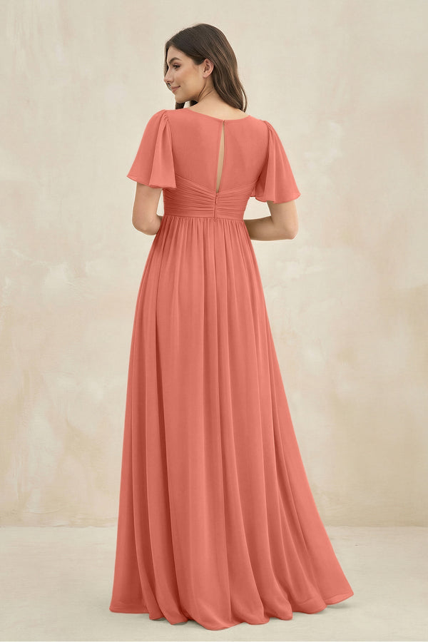 Short Sleeve Chiffon V - Neck A - Line Bridesmaid Dress in Wild Rose - KissProm Bridesmaid Dresses