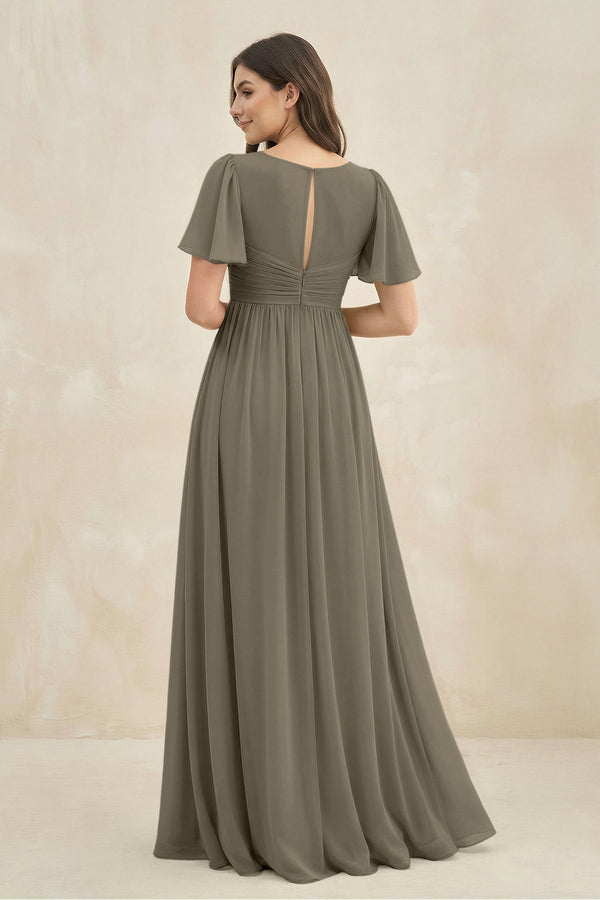 Short Sleeve Chiffon V - Neck A - Line Bridesmaid Dress in Willow Green - KissProm Bridesmaid Dresses